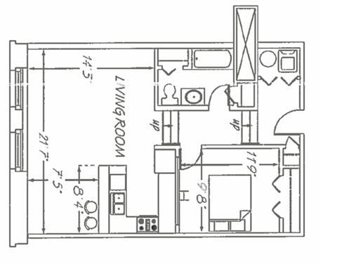 Floor plan for 1 bed, 1 bath, 700 sqft